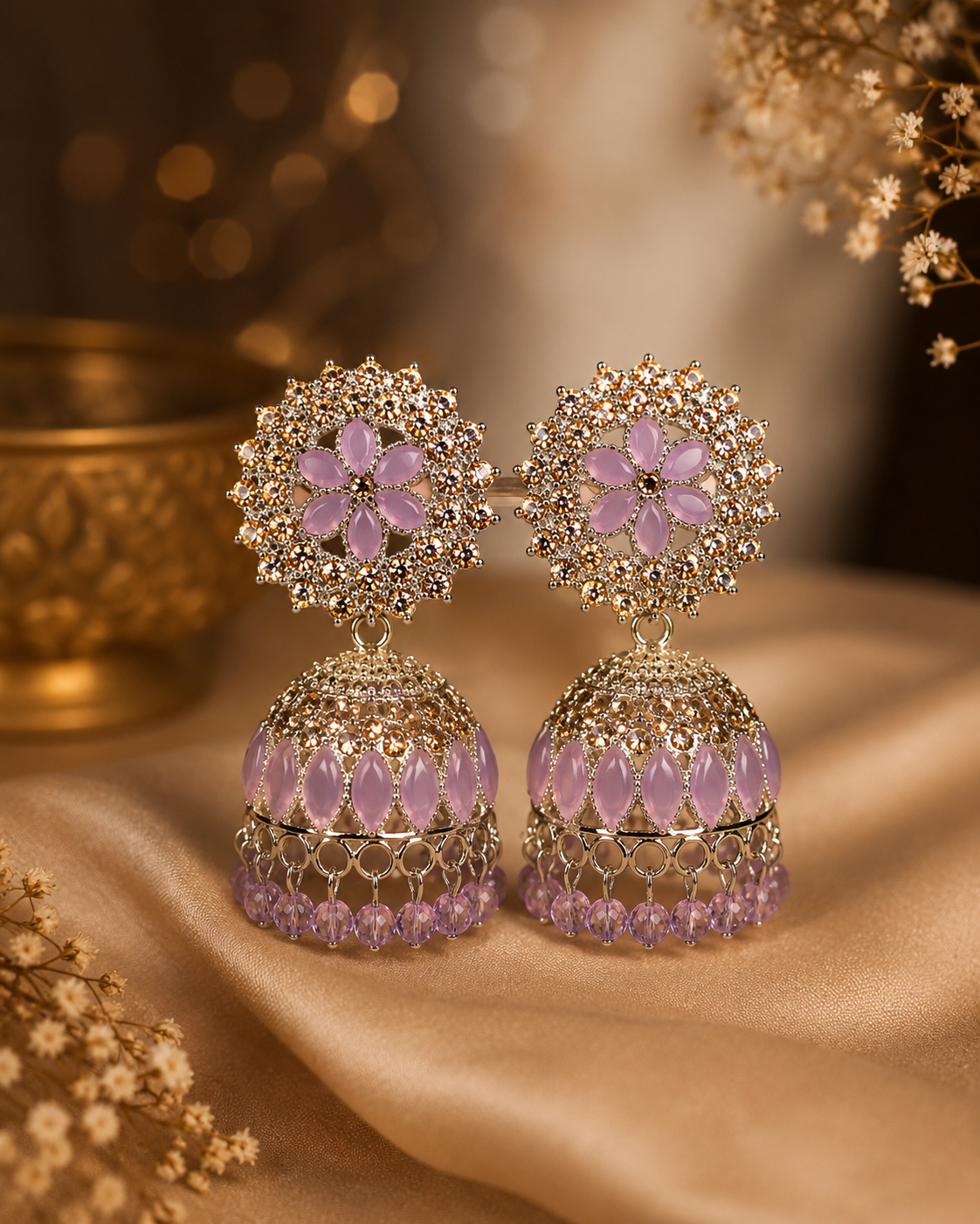 A pair of ornate Indian jhumka earrings with light purple floral studs and matching purple beaded bell-shaped drops, set in silver-toned metal with clear stones, displayed on a draped beige satin fabric.