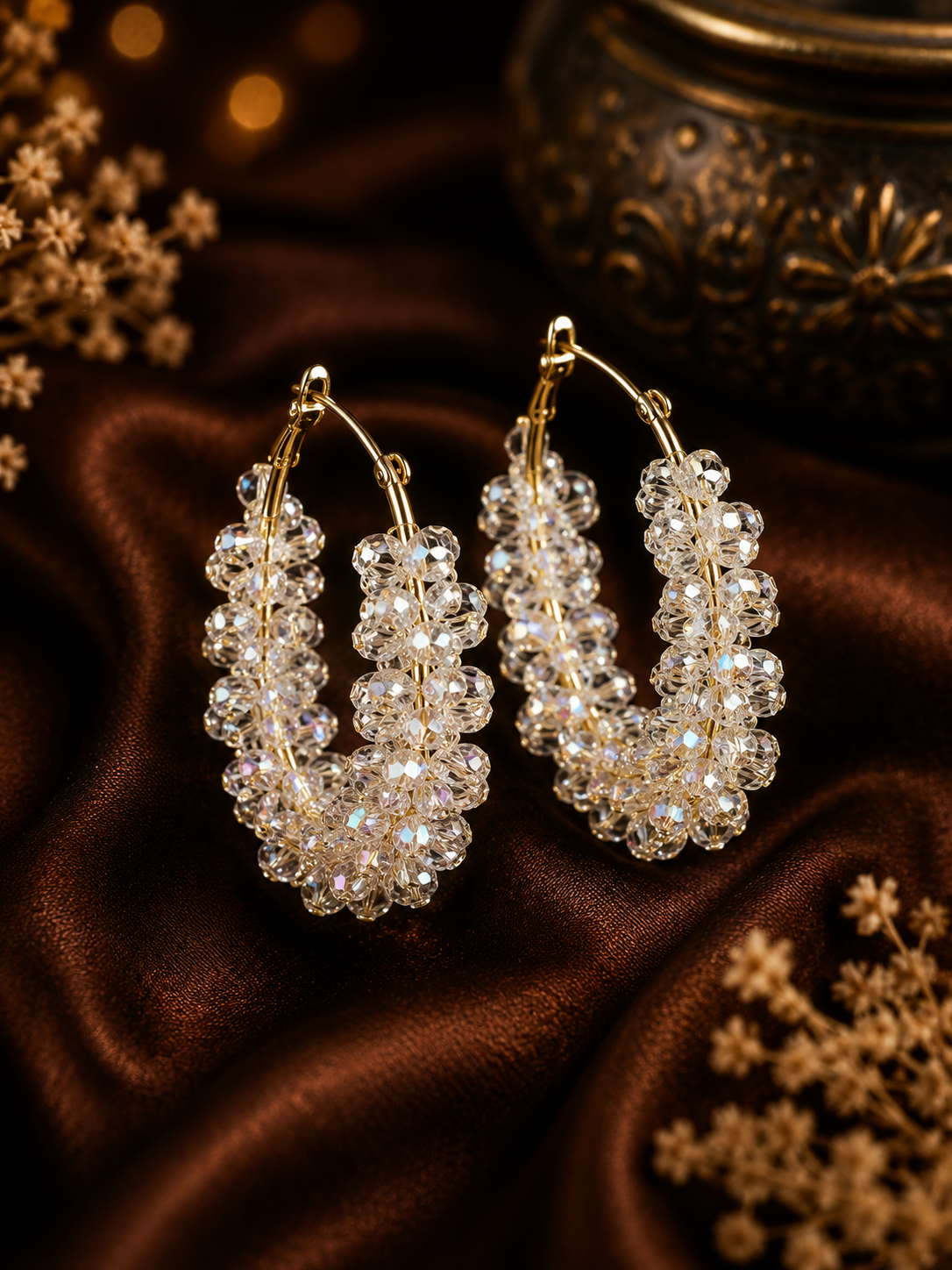 Gold hoop earrings adorned with cascading clusters of clear faceted rhinestones, displayed on draped dark brown satin fabric with decorative dried flowers and a blurred ornate vessel in the background.