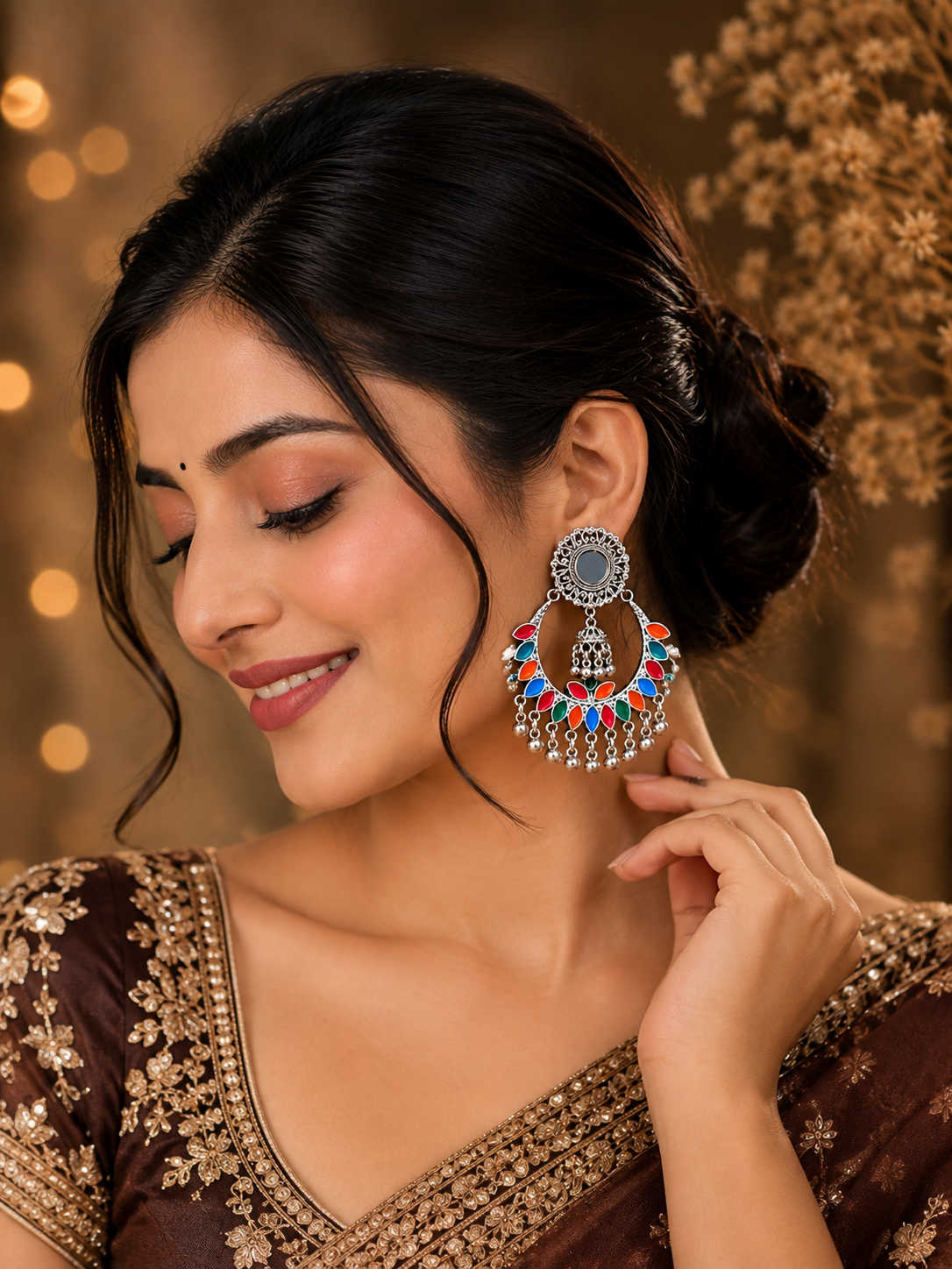 A woman wearing a large, ornate silver-toned chandelier earring with colorful red, blue, and orange stone accents, posing in a brown embroidered traditional outfit against a warm, softly blurred background.