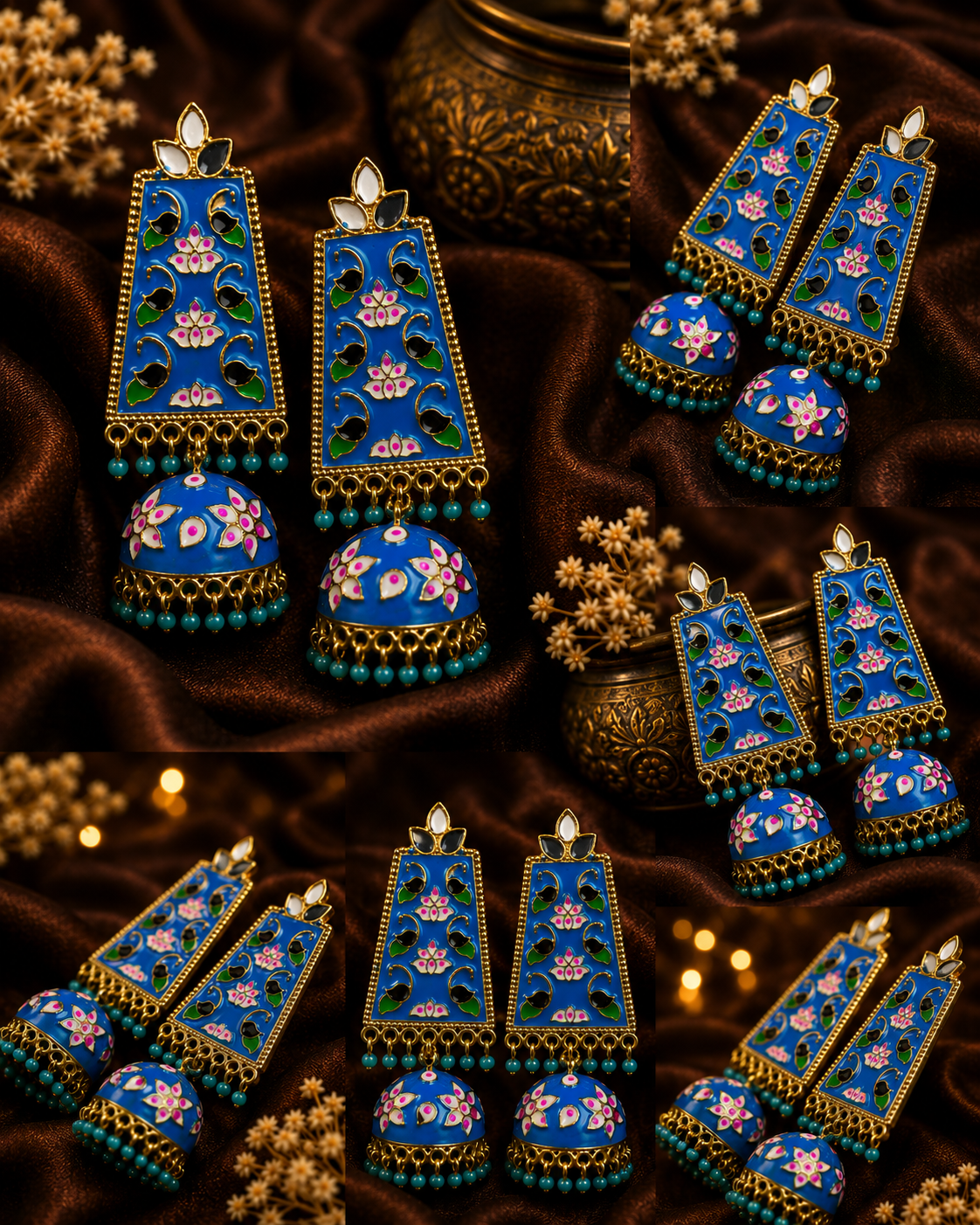 Three pairs of ornate Indian jhumka earrings displayed on a dark brown velvet fabric background with decorative gold-toned props. The earrings feature a vibrant blue enamel body decorated with pink lotus flowers, green leaves, and gold-toned metal borders and beadwork.
