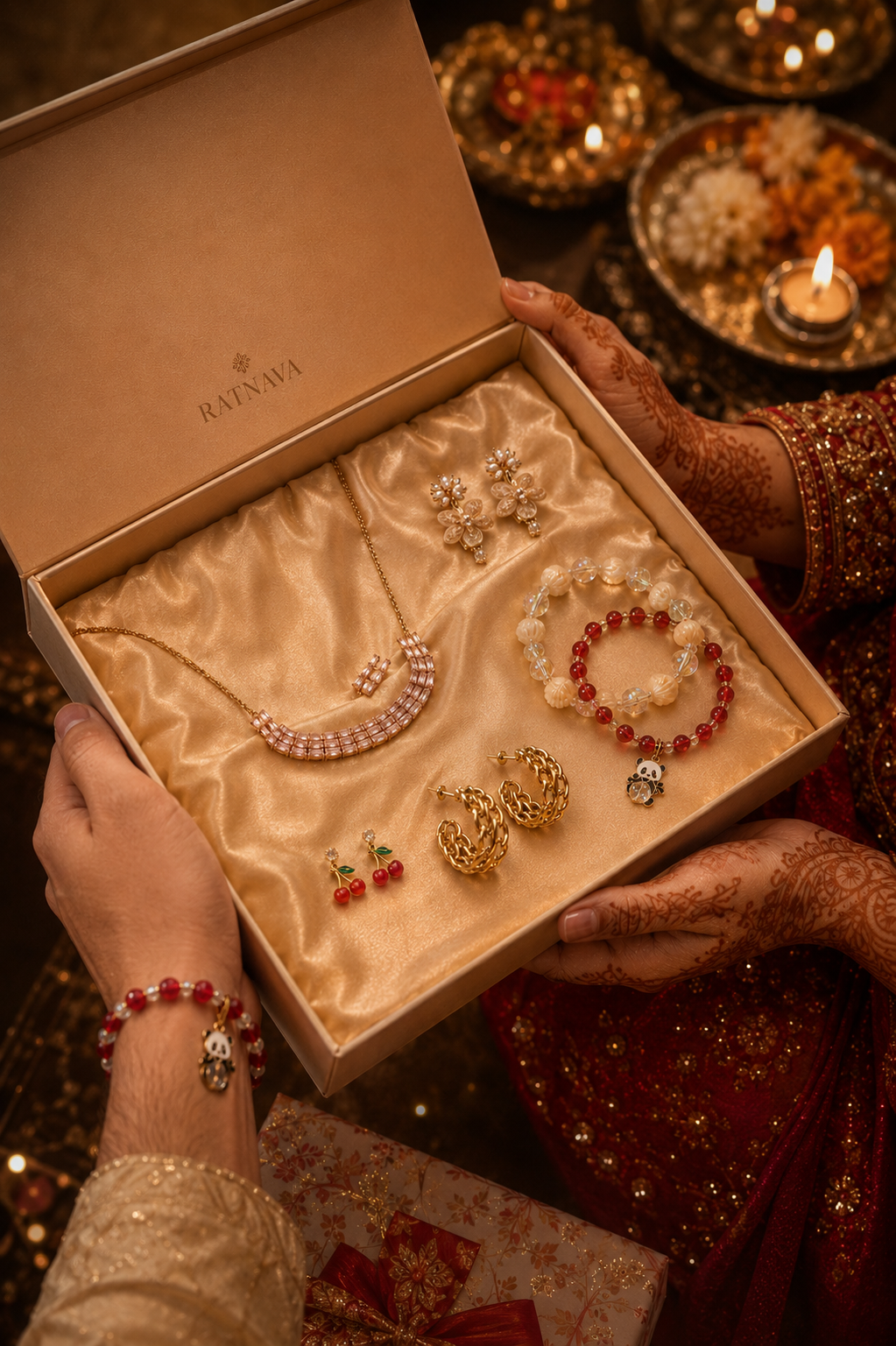 A gold-toned jewelry box with a satin insert is held open by hands with henna designs. The box contains a pearl and gold necklace, matching earrings, and red-and-white beaded bracelets.