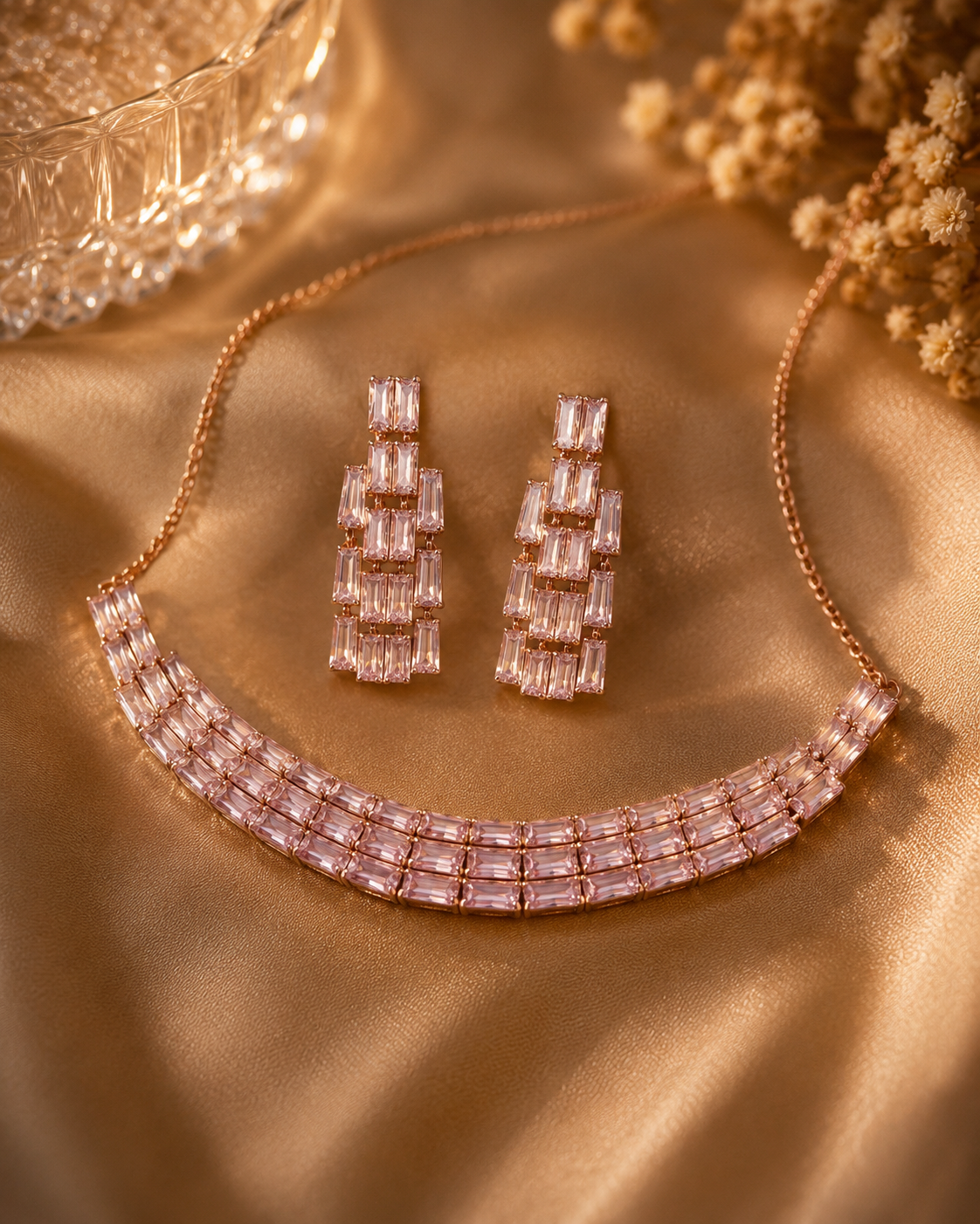A rose gold jewelry set featuring a curved necklace and matching drop earrings, both adorned with baguette-cut clear crystals, arranged on a draped gold satin fabric with dried flowers.