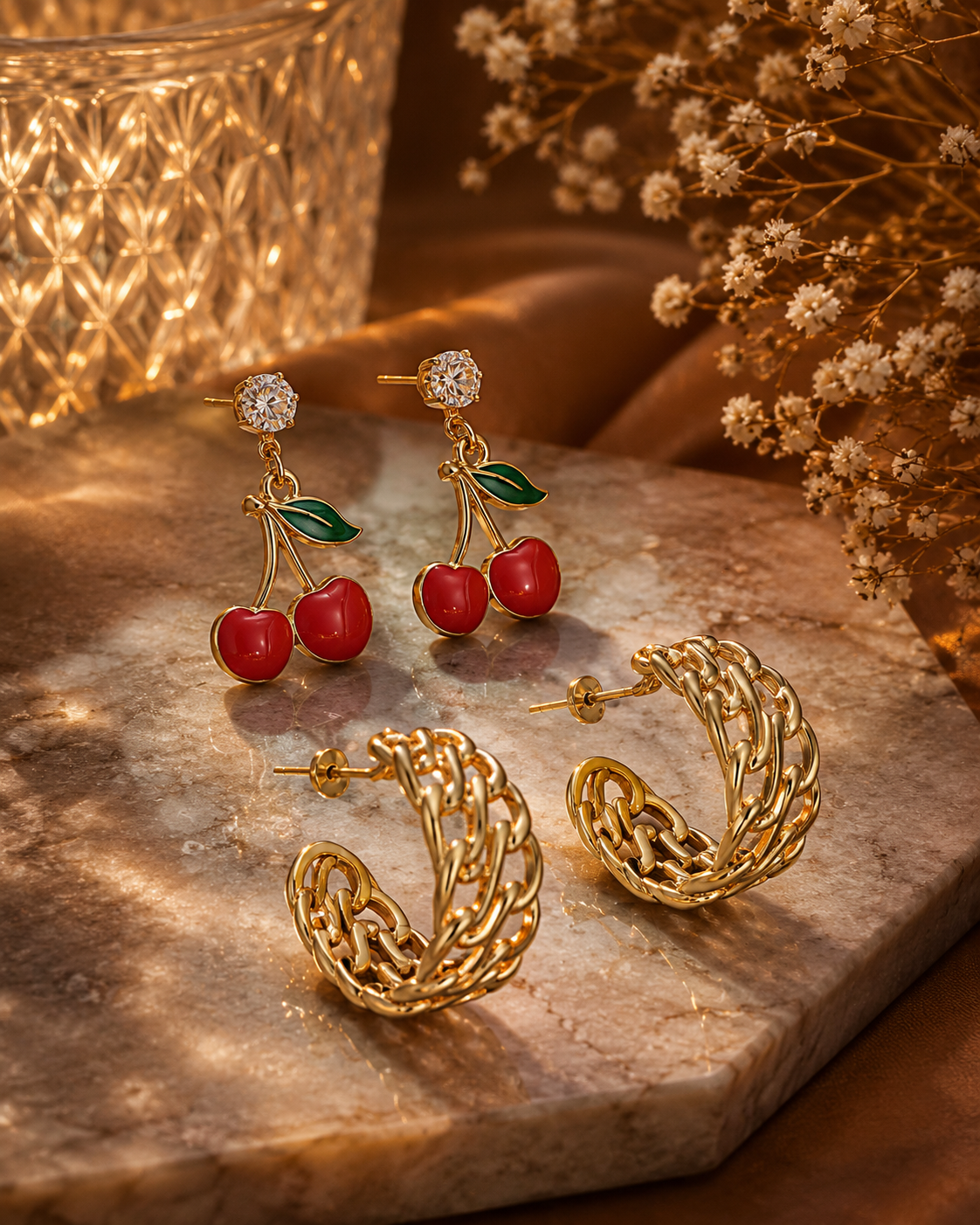 A pair of gold hoop earrings with an open woven chain design and a pair of gold cherry drop earrings with red cherry charms, green leaves, and a clear crystal top, displayed on a warm-toned stone surface with dried flowers and a lit glass in the background.