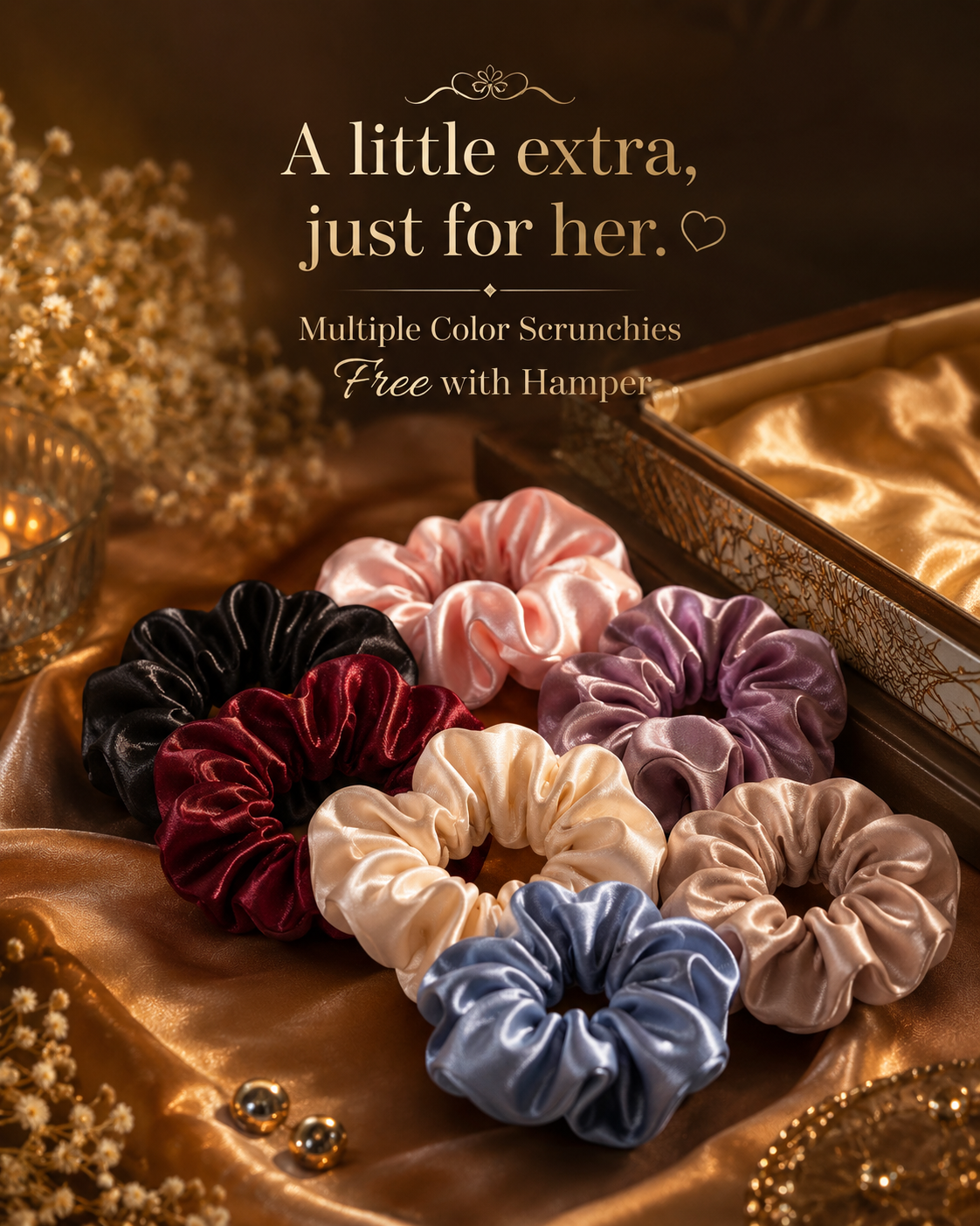 A set of multiple satin scrunchies in assorted colors including black, burgundy, cream, pink, purple, blue, and beige, arranged on a luxurious gold satin fabric with decorative dried flowers and jewelry. Text overlay reads 'A little extra, just for her.