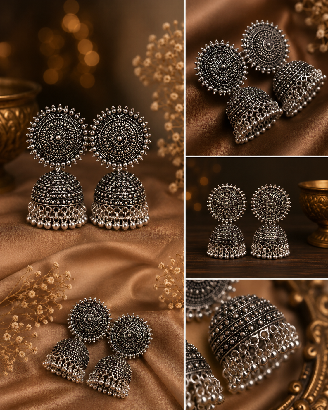 A collage showing four close-up views of ornate silver-toned jhumka earrings with circular studs and bell-shaped dangling elements, arranged on draped brown fabric with decorative gold-toned props.