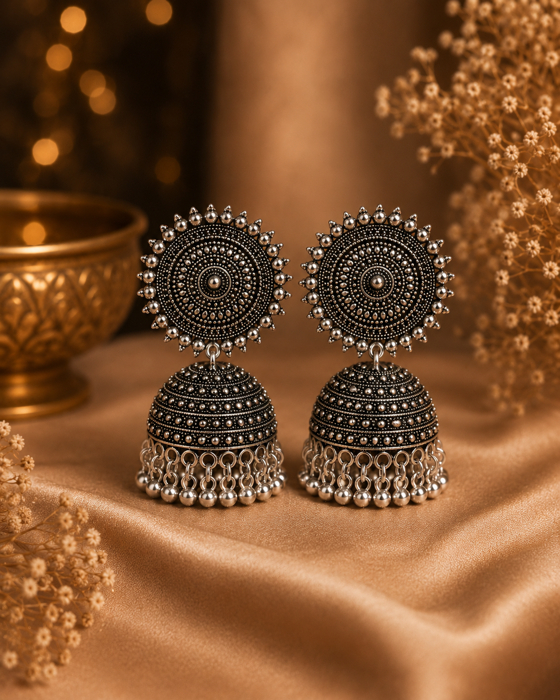 A pair of ornate Indian jhumka earrings with intricate silver-toned filigree and black oxidized detailing, displayed on a draped beige fabric with decorative dried flowers and a gold bowl in the background.