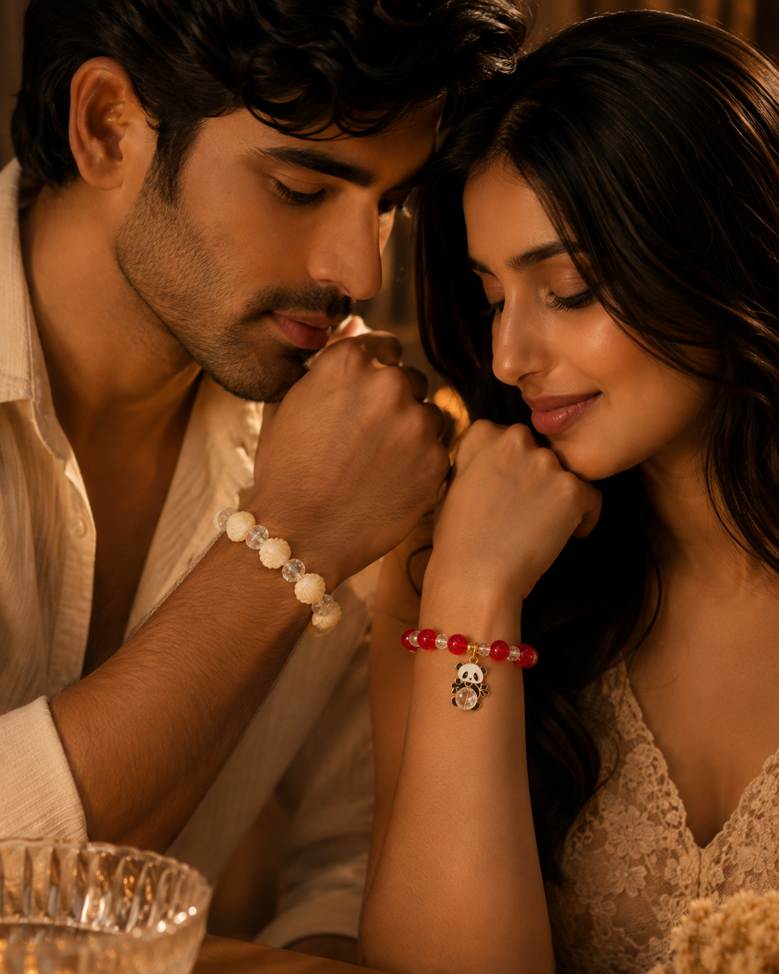 A man and a woman in an intimate close-up, both wearing beaded bracelets. The woman's bracelet features red beads and a small silver-toned panda charm, while the man wears a cream-colored beaded bracelet.