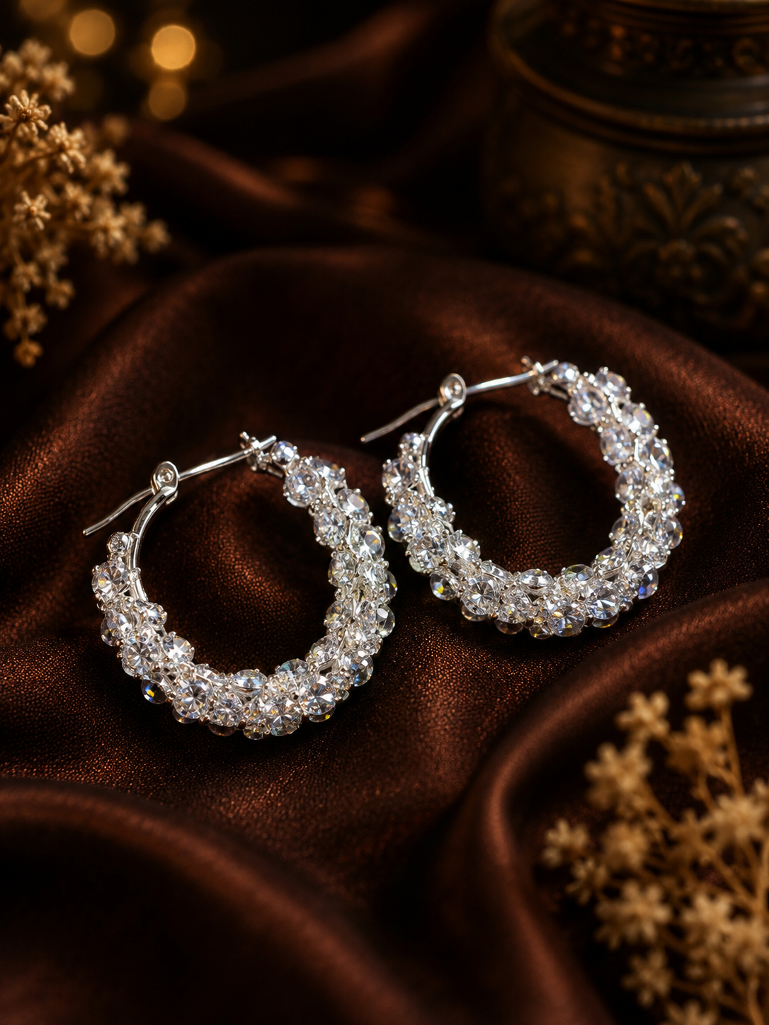 A pair of silver-tone hoop earrings covered in clear rhinestones, displayed on draped dark brown satin fabric with dried floral accents.