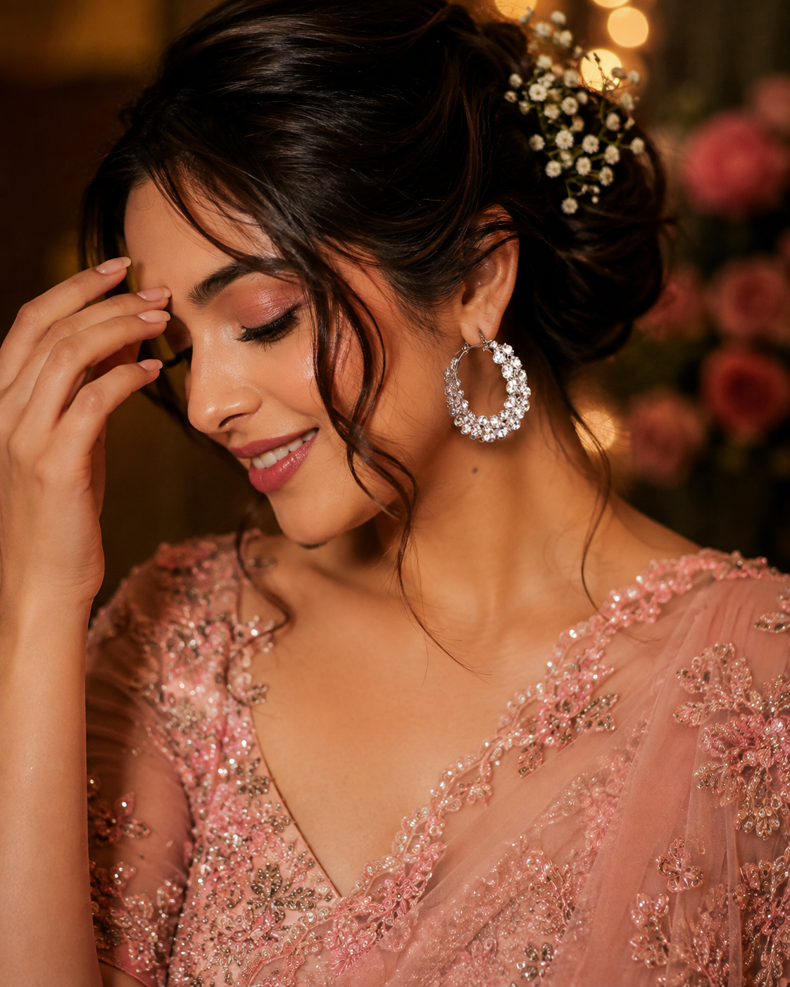 A close-up lifestyle shot of a woman wearing a pink embellished traditional outfit and sparkling silver hoop earrings with clear stones, set against a warm, blurred background of flowers and bokeh lights.