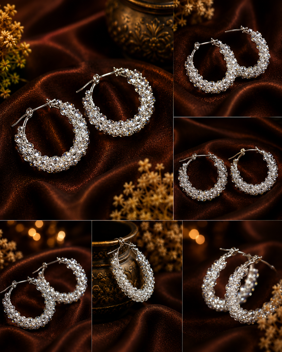 A collage of six product photos showing silver hoop earrings covered in clear rhinestones, displayed on dark brown draped fabric with small dried flowers and warm bokeh lights.