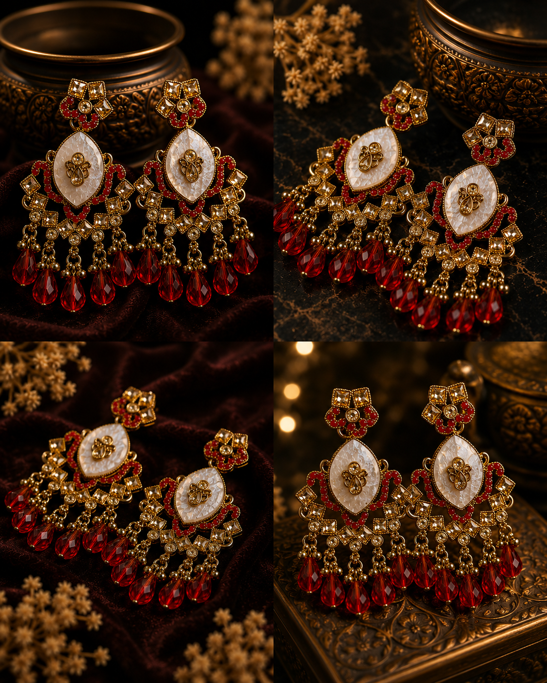 Four close-up views of ornate gold-toned traditional earrings with white oval inlays, red beaded borders, and dangling red faceted beads, arranged on dark velvet and gold-toned props.