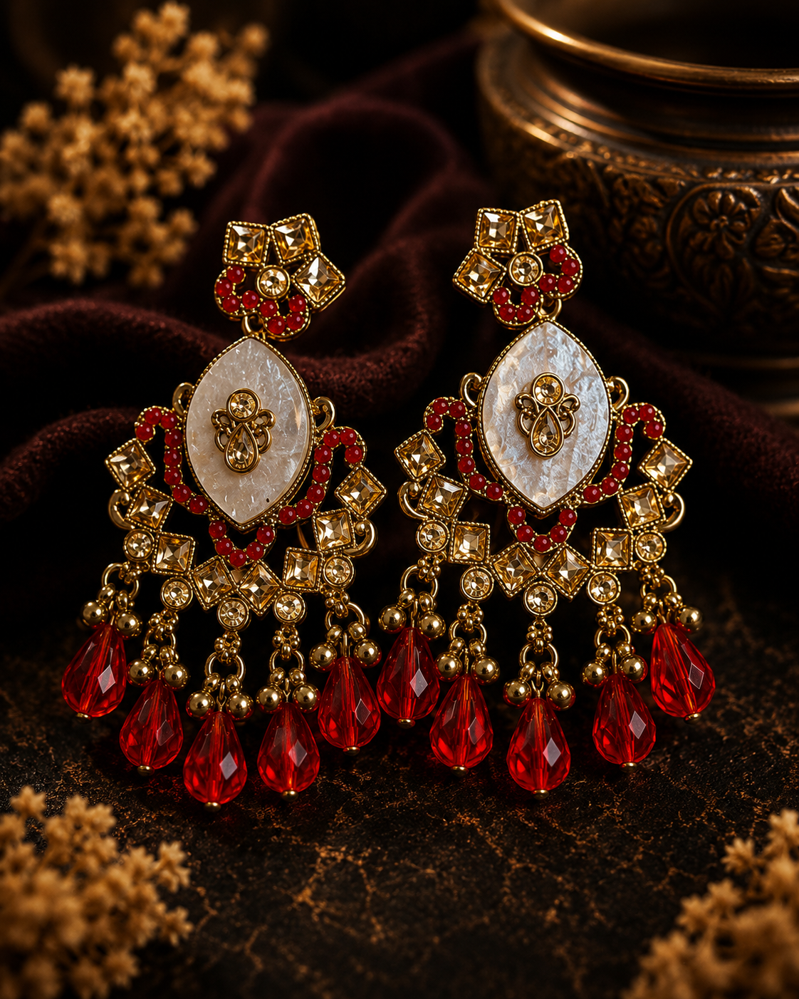 A pair of ornate gold-toned statement earrings with white iridescent oval centers, red stone accents, and dangling red teardrop crystals, displayed on dark draped fabric with dried floral props.