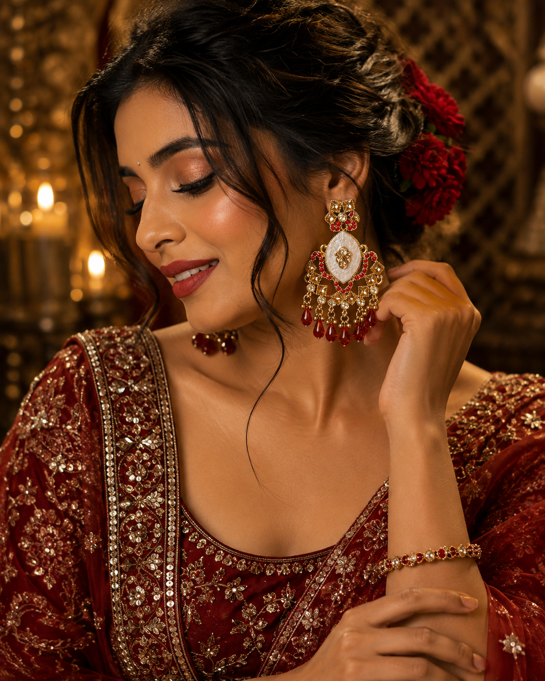 A woman wearing ornate red and gold traditional earrings, a matching red embroidered blouse, and a bracelet, posed against a warm, softly blurred background with candles.