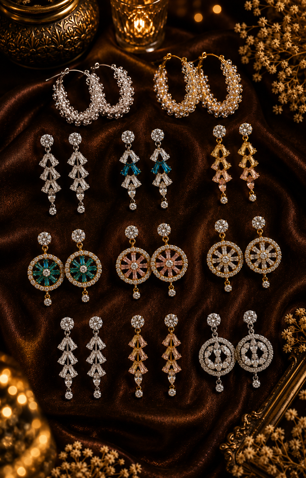 An assortment of gold and silver-toned statement earrings arranged on a dark brown velvet fabric backdrop with decorative gold props.