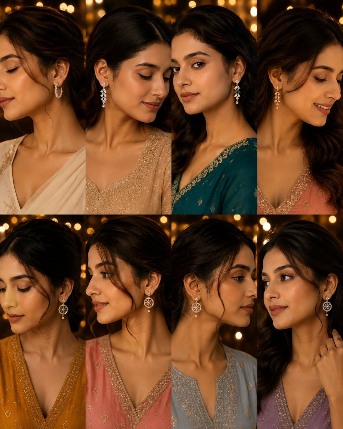 A collage of eight portrait photos showing a woman wearing different traditional outfits and matching dangling earrings. The earrings appear silver-toned with clear stones, and the background has warm blurred lights.