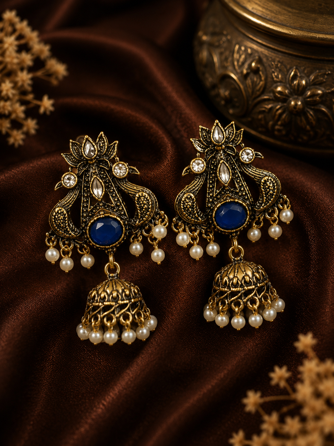 A pair of ornate gold-toned jhumka earrings with deep blue oval stones, clear rhinestones, and dangling white faux pearls, displayed on a draped dark brown satin fabric.