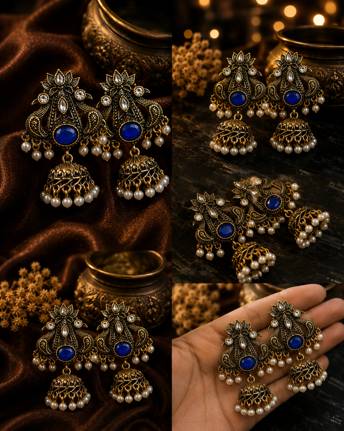 A collage showing ornate traditional Indian jhumka earrings in an antique bronze finish with deep blue stone centers and white pearl bead borders. The earrings are displayed on dark draped fabric, on a dark wooden surface with bokeh lights, and are shown resting on a person's hand to demonstrate scale.