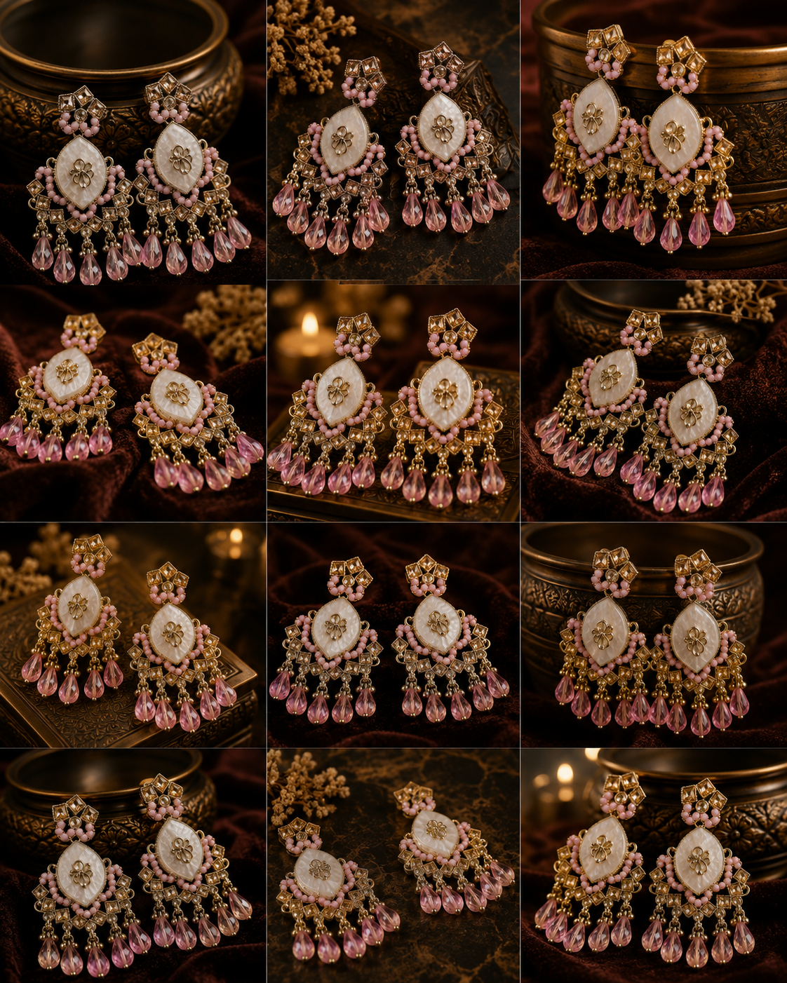 A 3x4 collage showing multiple close-up views of ornate Indian jhumka earrings. The earrings feature a central white stone surrounded by gold and pink stones, with dangling pink teardrop beads.