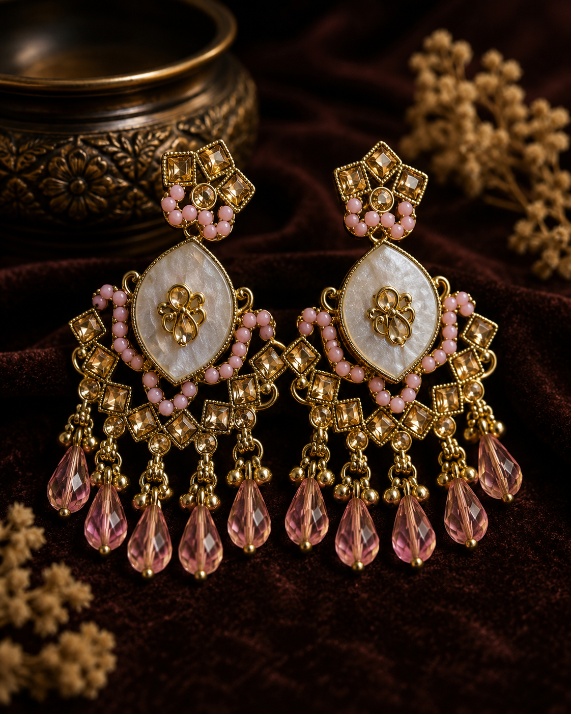 A pair of ornate gold-toned statement earrings with pink bead accents, white mother-of-pearl oval inlays, and dangling faceted pink teardrop crystals, displayed on a dark brown velvet surface with dried floral decor.