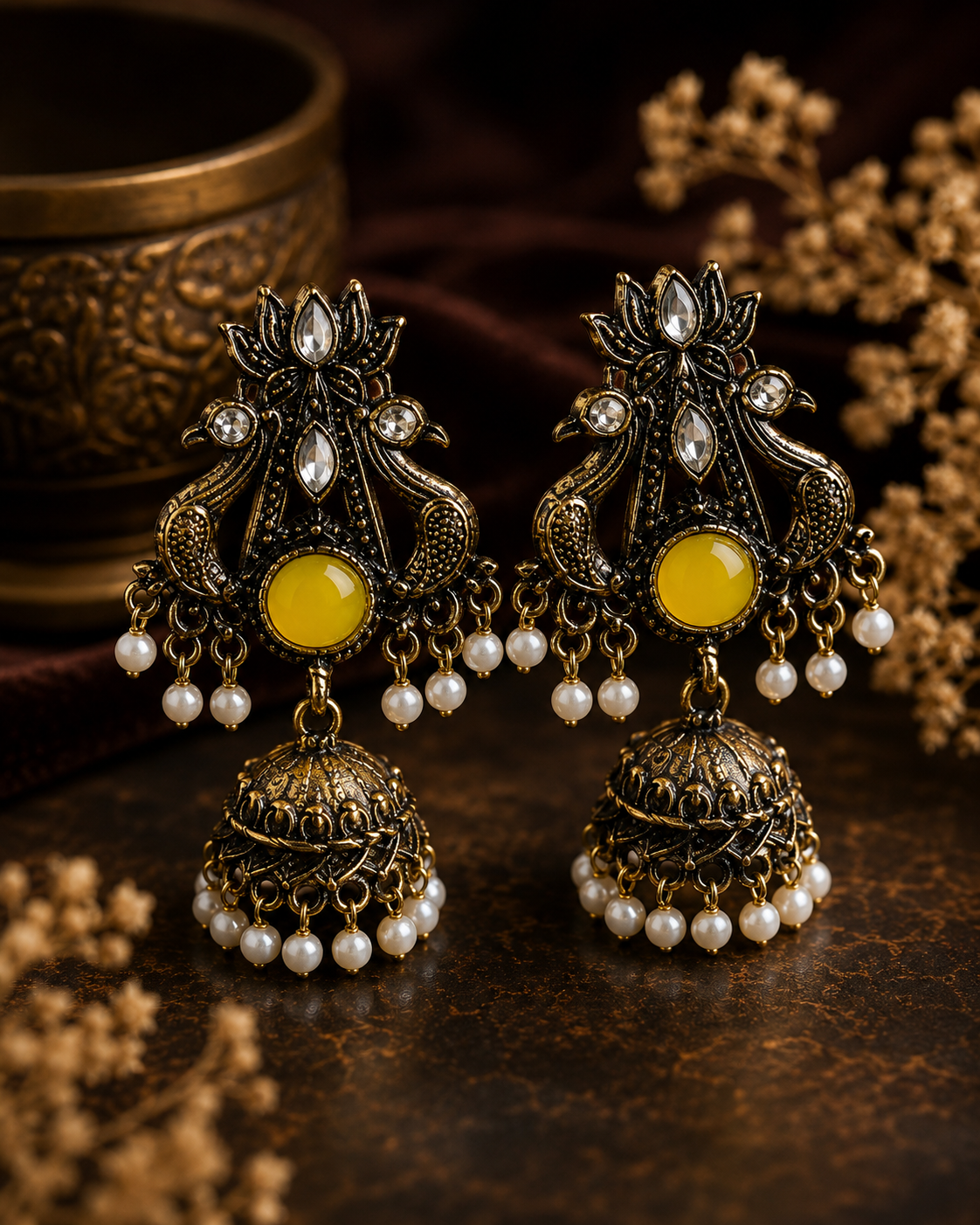 A pair of ornate Indian jhumka earrings with antique bronze-toned metalwork, yellow stone centers, and dangling white pearl beads, displayed on a dark textured surface with decorative dried flowers and a brass vessel in the background.