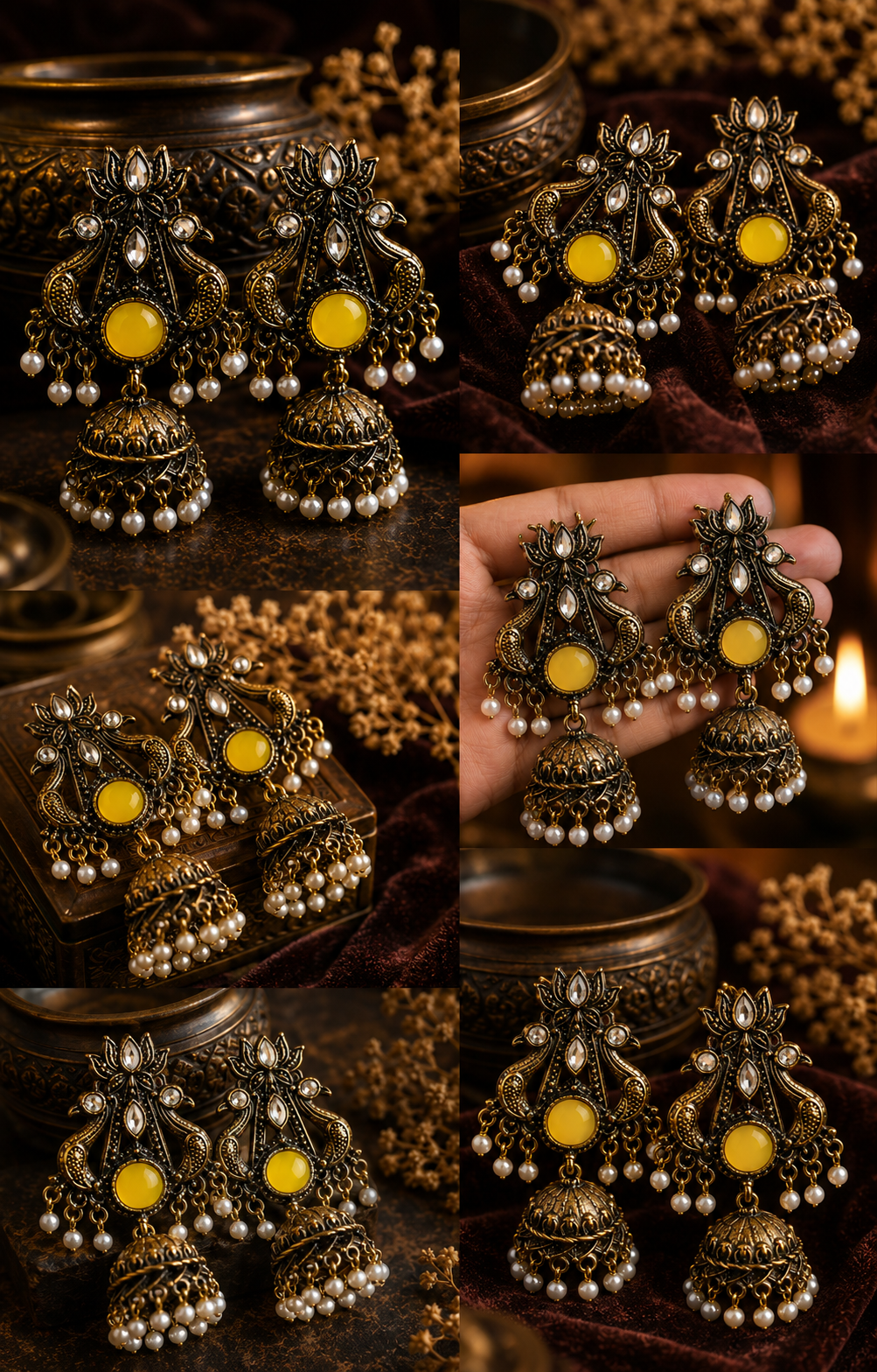 A collage showing ornate traditional jhumka earrings in multiple views. The earrings have an antique bronze finish with bright yellow circular centers, dangling rows of small white pearl-like beads, and intricate filigree detailing.