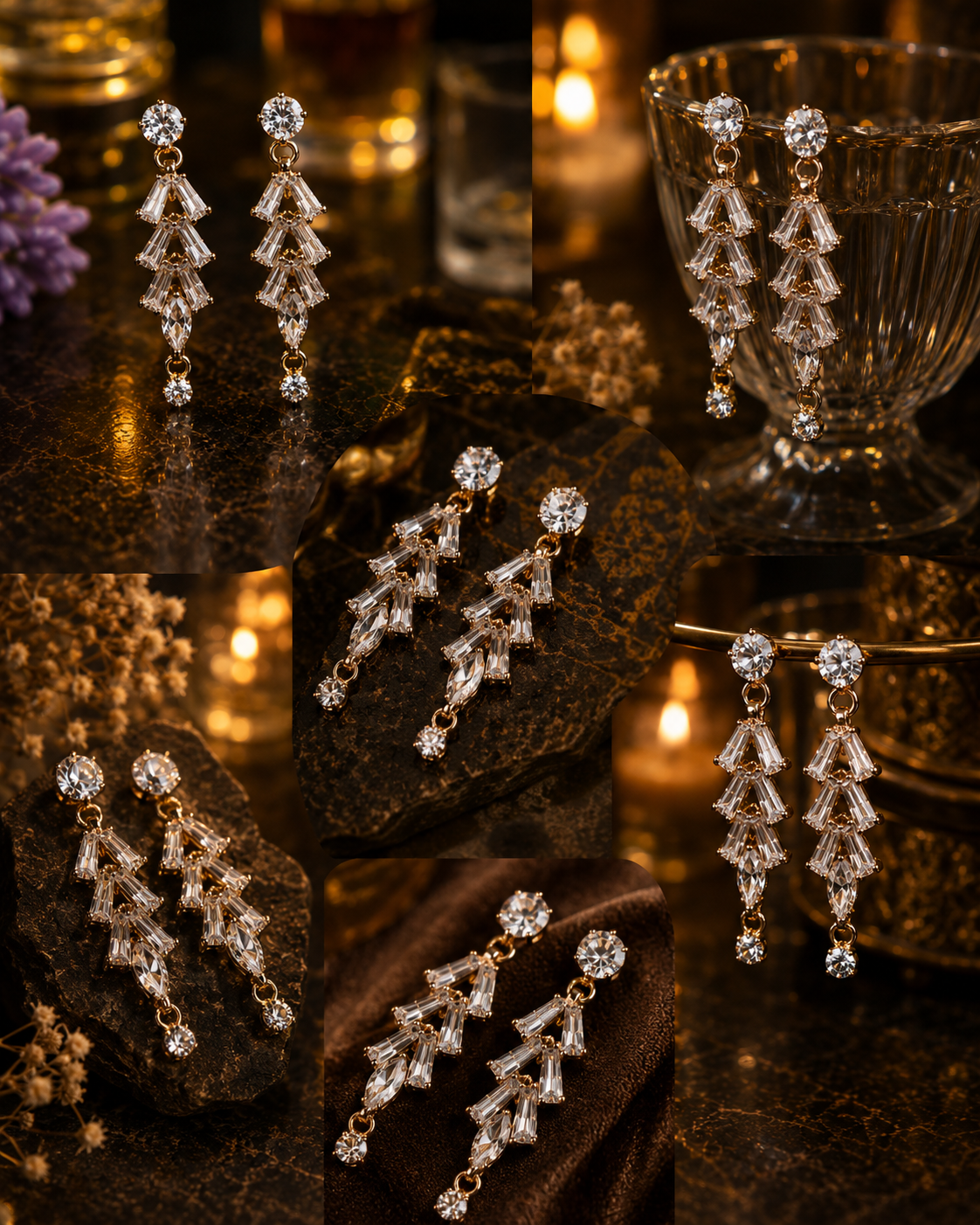 A collage of close-up product shots showing a pair of dangling statement earrings with clear faceted crystal-like drops and gold-tone metal settings, styled on dark textured surfaces with warm candlelight and a glass bowl in the background.