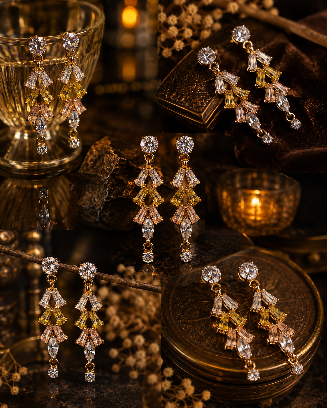 A set of gold-toned dangle earrings with clear crystal and rose gold-toned bead elements, displayed in a styled dark setting with candles, a glass bowl, and textured wood.