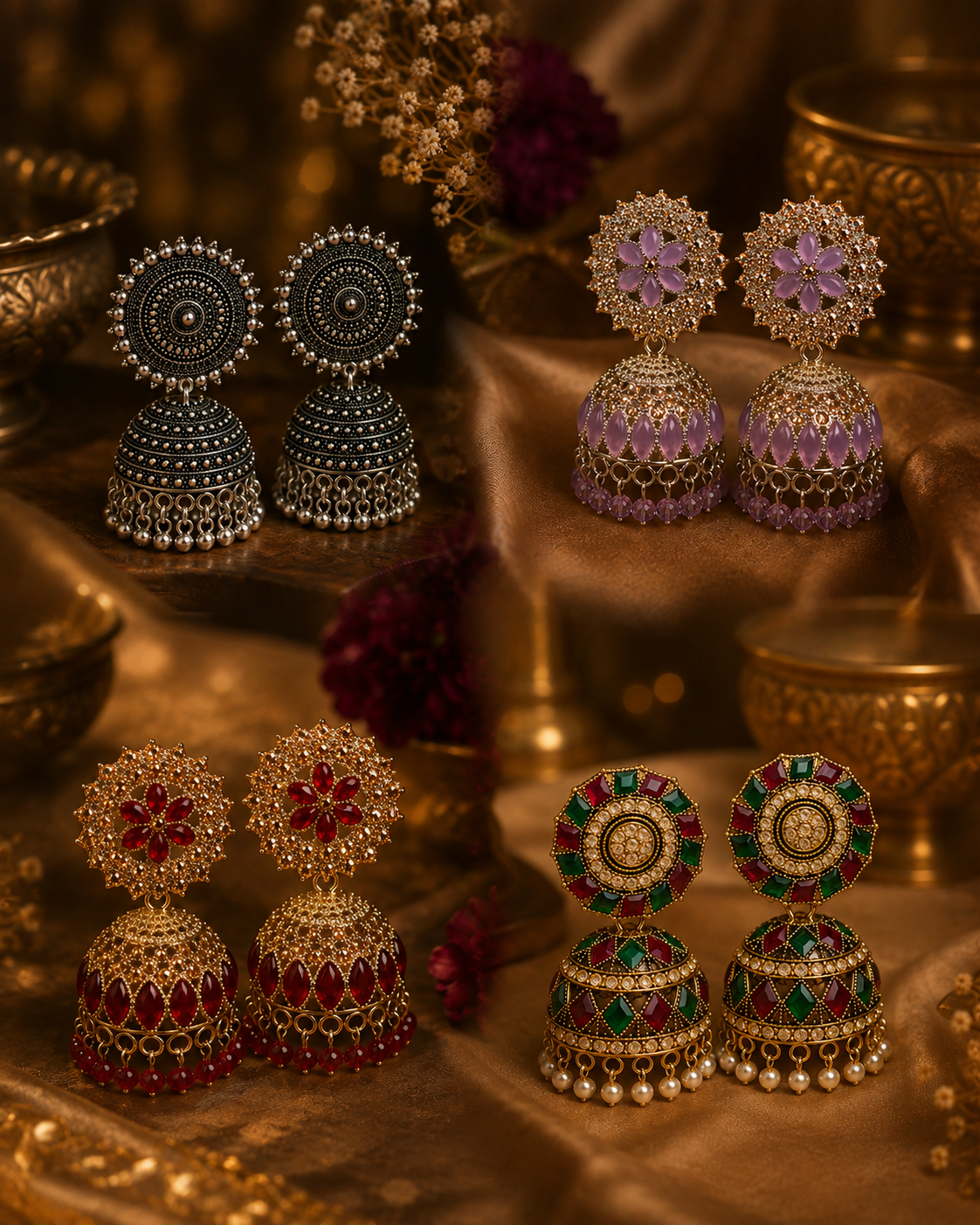 Four pairs of ornate Indian jhumka earrings arranged on draped gold fabric with decorative props. The earrings feature gold-toned metalwork with black, purple, red, green, and pearl-like bead details.