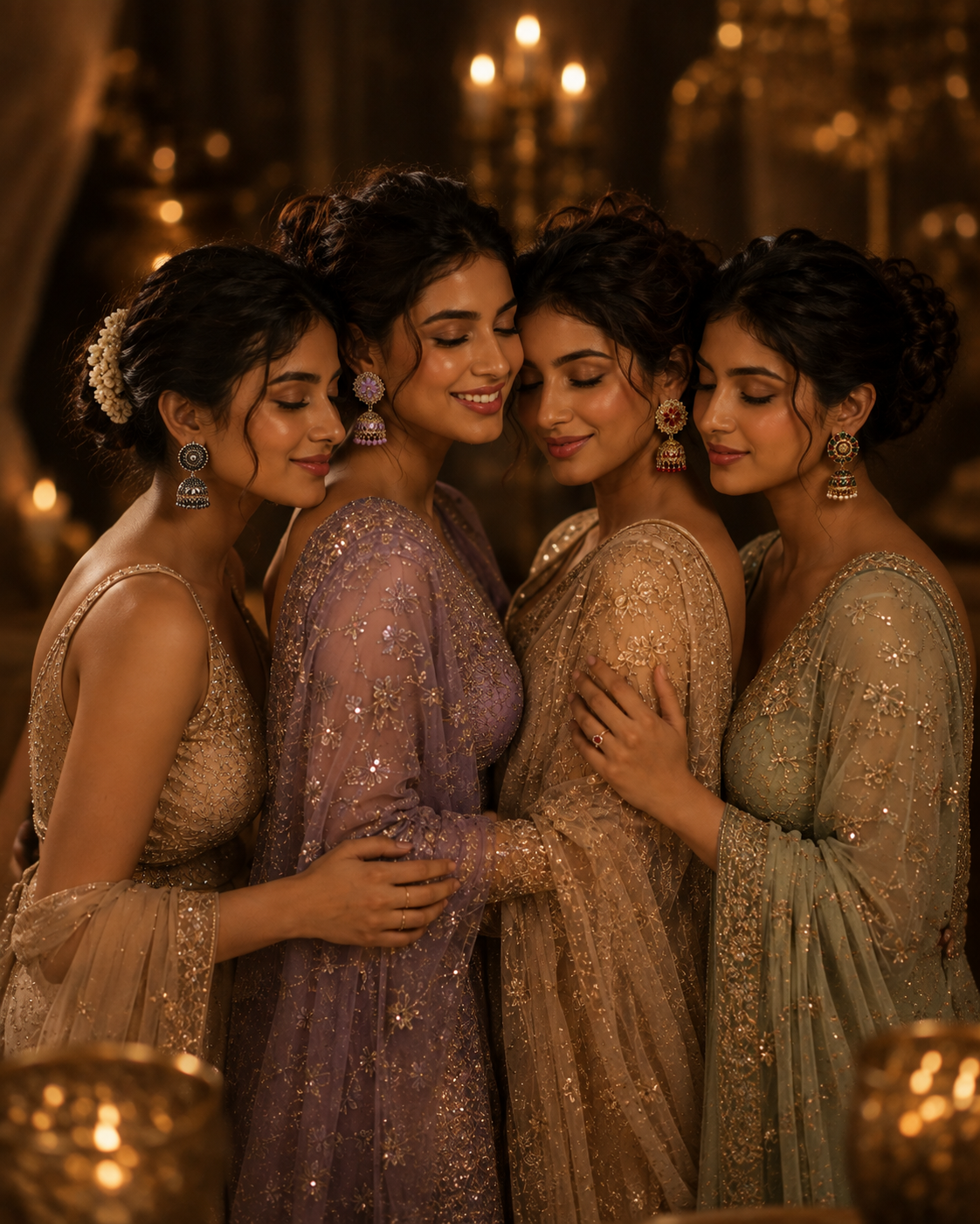 Four women in elegant, heavily embellished traditional Indian dresses hugging closely in a warmly lit indoor setting with candles and golden bokeh.