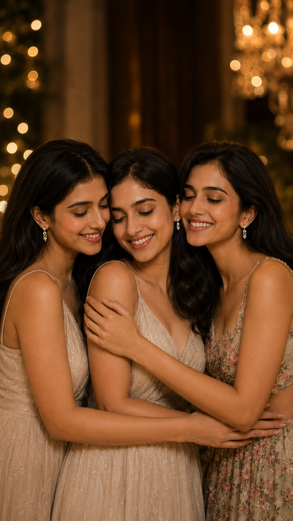 Three women hugging and smiling, wearing elegant champagne and beige sleeveless dresses in a warmly lit indoor setting with soft bokeh lights.