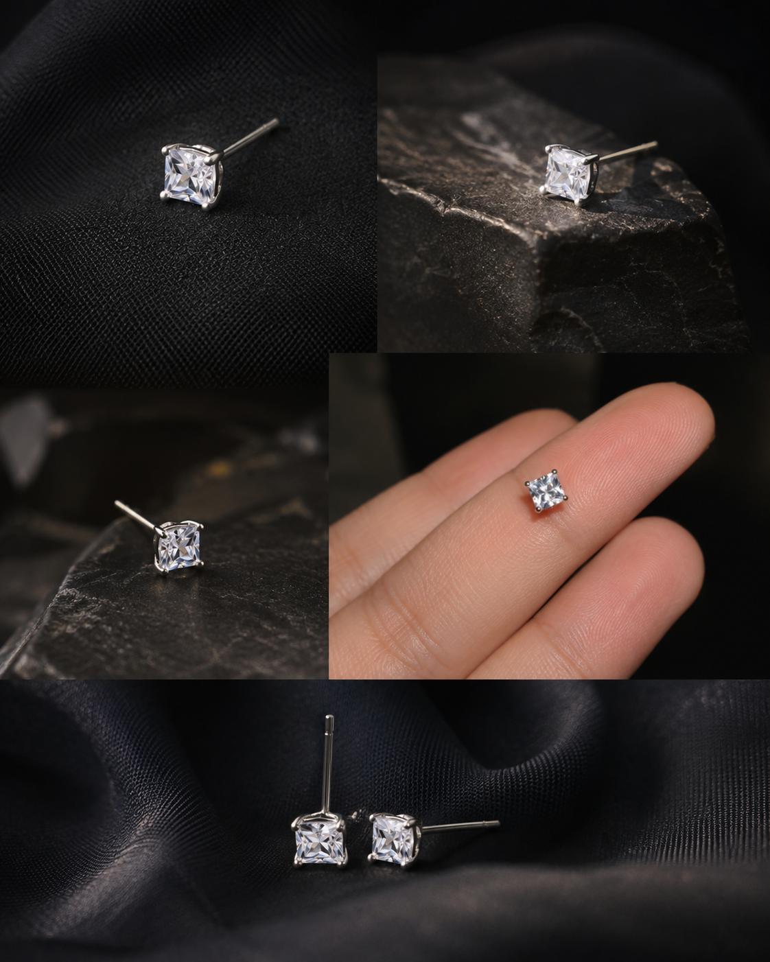 A collage showing a pair of small square stud earrings with clear gemstones in silver-toned settings, displayed on black fabric and dark stones, with one panel showing the earrings on a person's fingers to indicate scale.