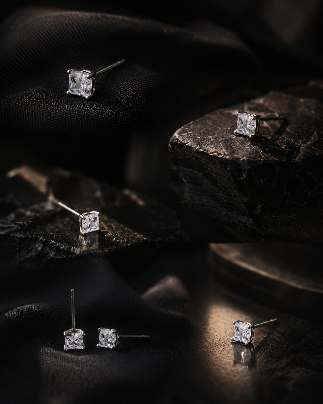 Four views of a pair of stud earrings with square-cut clear gemstones in silver settings, displayed on dark textured fabric and rocks.