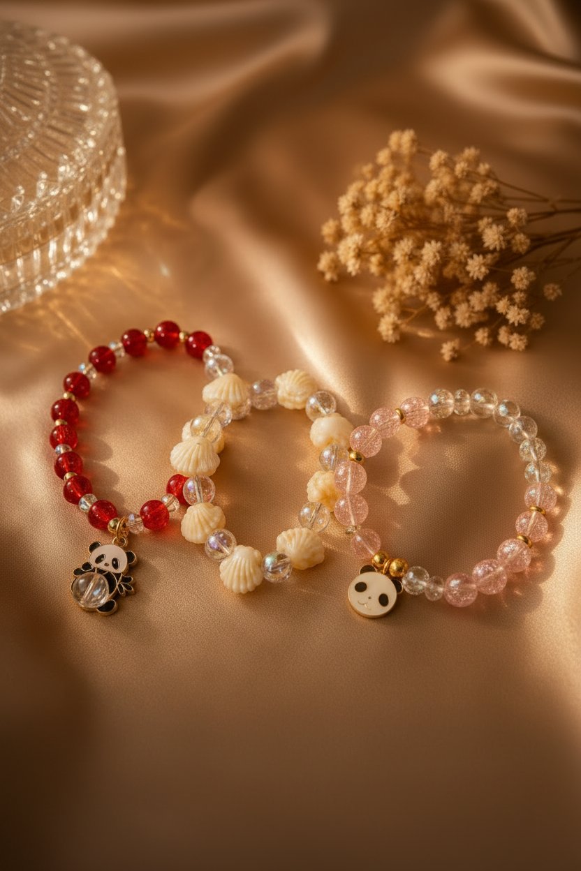 Three beaded bracelets arranged on draped satin fabric. One bracelet is red with a panda charm, one is cream with shell-shaped beads and a small face charm, and one is pale pink with translucent beads.