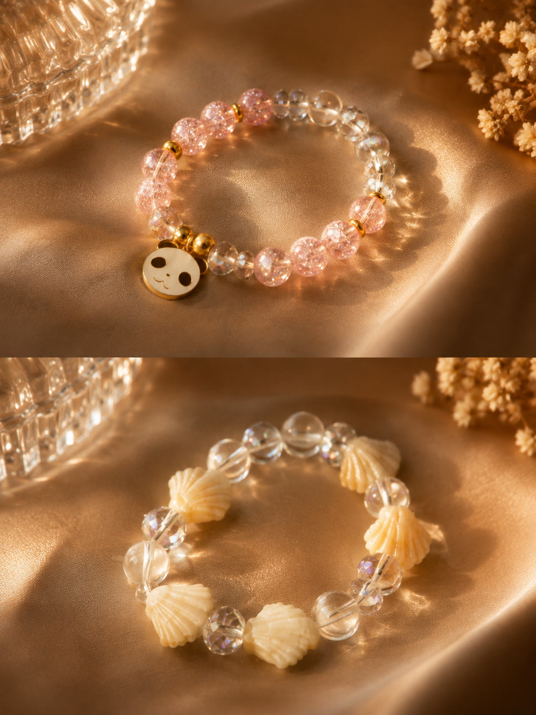 Two beaded bracelets displayed on warm gold satin fabric. The top bracelet features pink faceted beads, clear beads, and a small panda face charm.