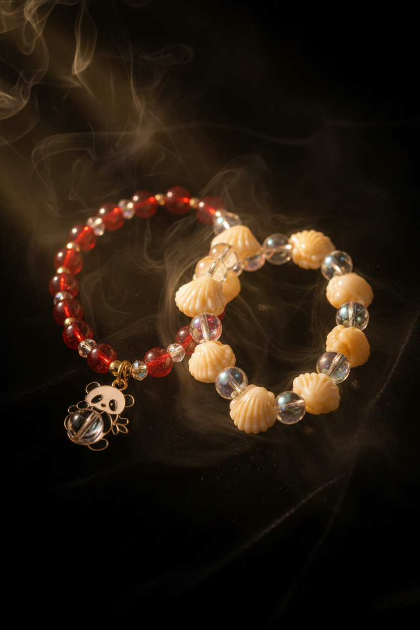 Two beaded bracelets displayed on a dark smoky background. One bracelet features translucent red beads with a small gold panda charm.