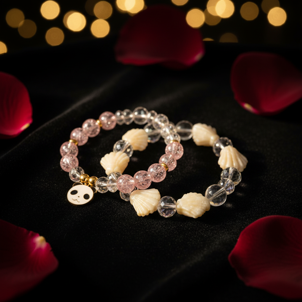Two beaded bracelets displayed on a black fabric surface with scattered red rose petals and warm golden bokeh lights in the background. One bracelet features pink faceted beads, clear shell-shaped beads, and a small white panda charm with black eyes.